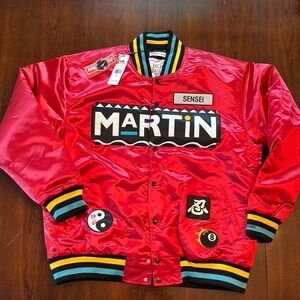 Red Satin Bomber Jacket with Black Accents